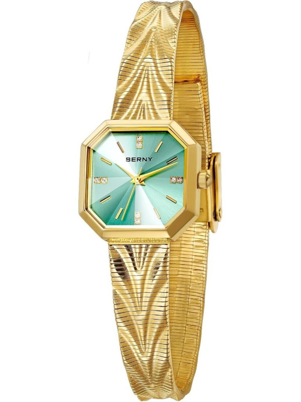 Women's  Light Blue Octagonal Case Waterproof Stainless Steel Luxury Wrist Watch